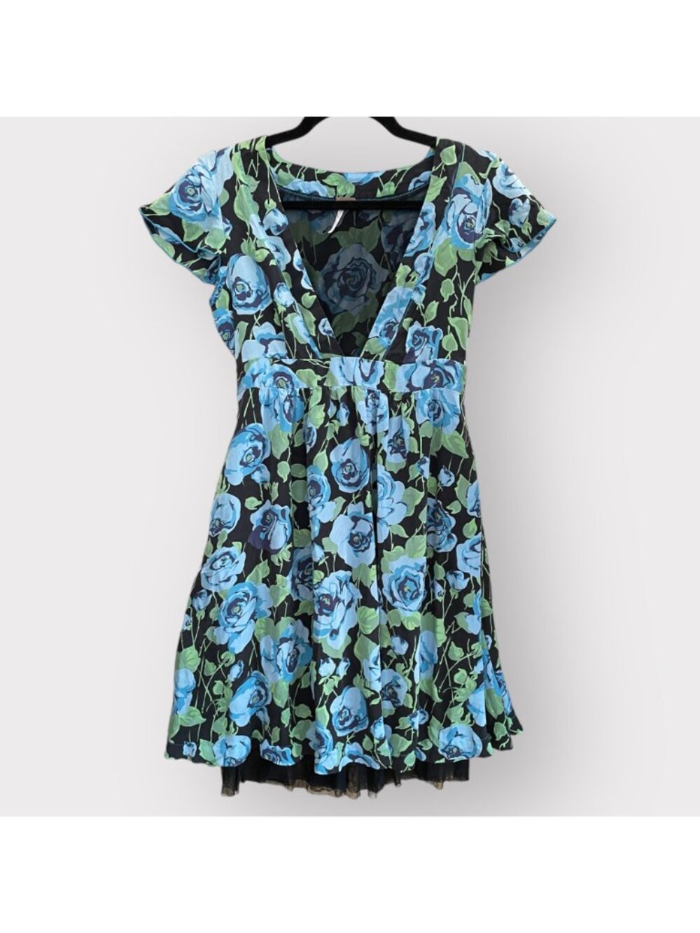 Free People Size 4 Blue Floral Silk Flutter Sleeve V-Neck Coquette Mini Dress - Picture 2 of 11